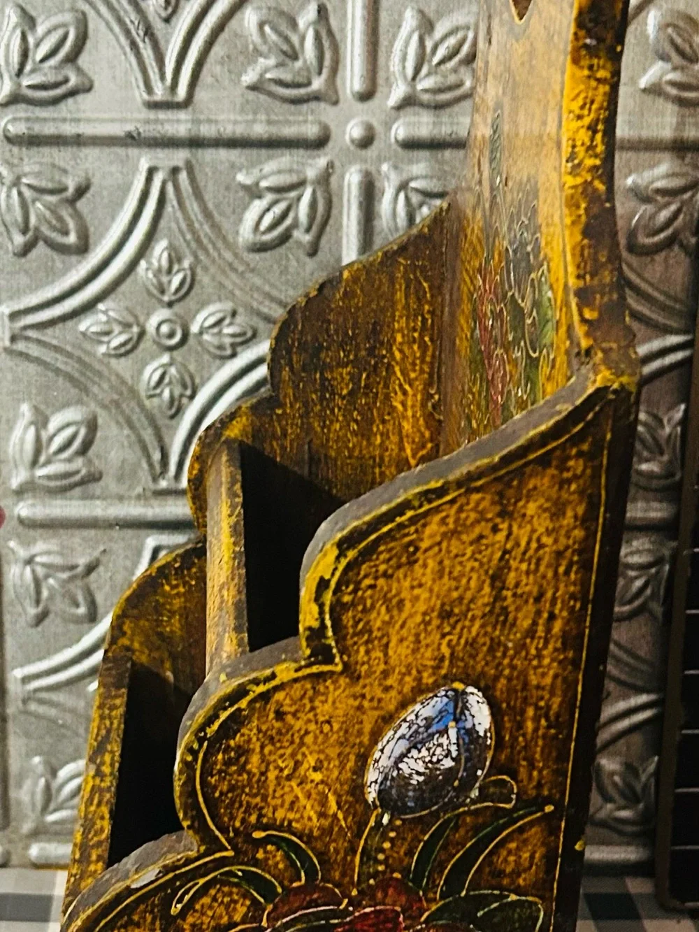 Hand-Painted Yellow Floral Wooden Wall Pocket by